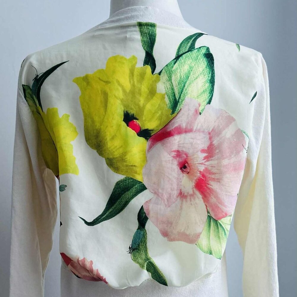 Ted Baker Ivory Organic Cotton Asymmetric Cardigan with Floral Back Panel – US S